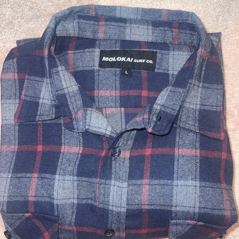 Molokai Surf Co Long Sleeve Button Up Flannel Shirt Black Gray Pockets Size L